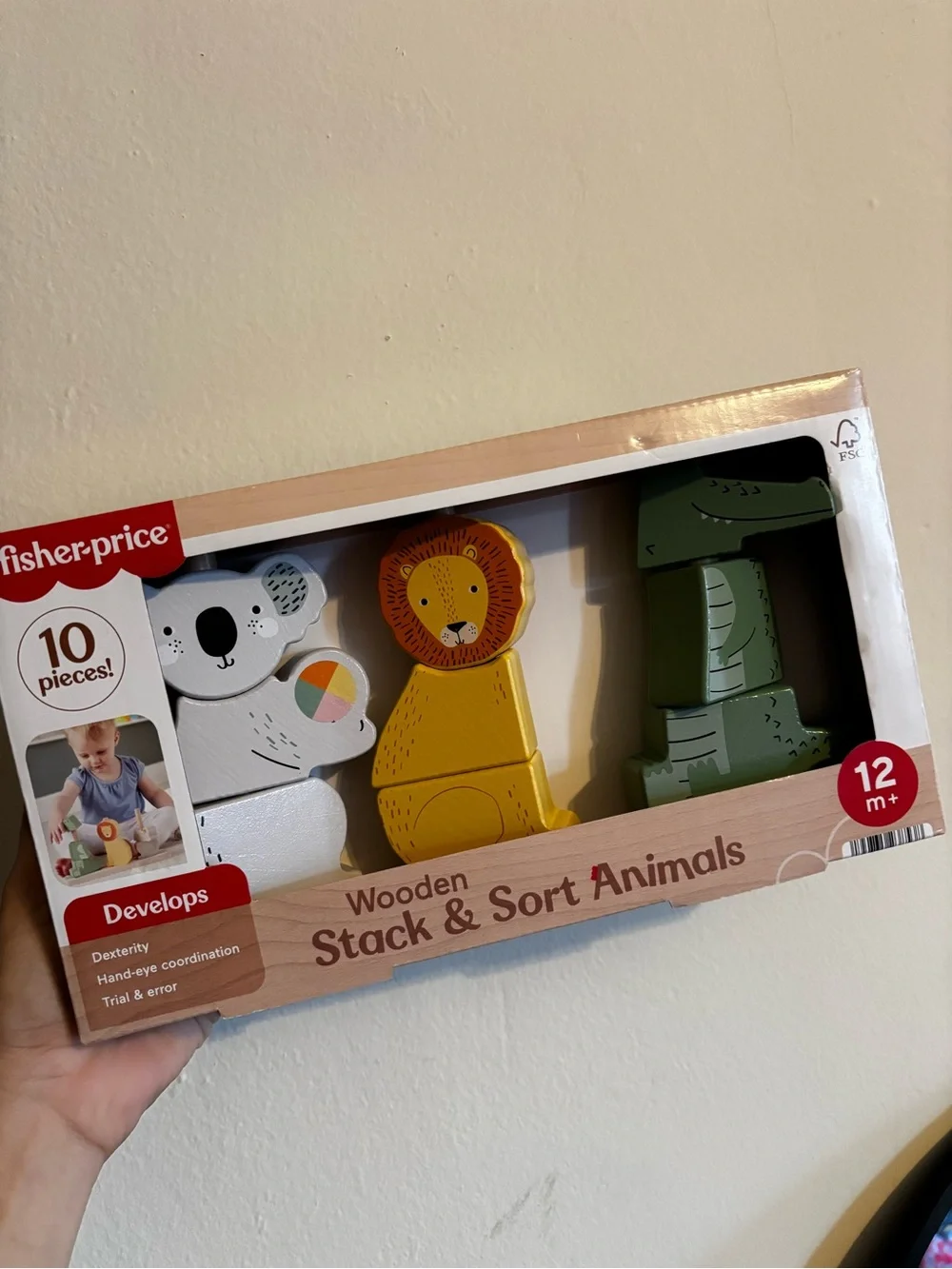Fisher-Price Wooden Stack & Sort Animals in white, yellow, green